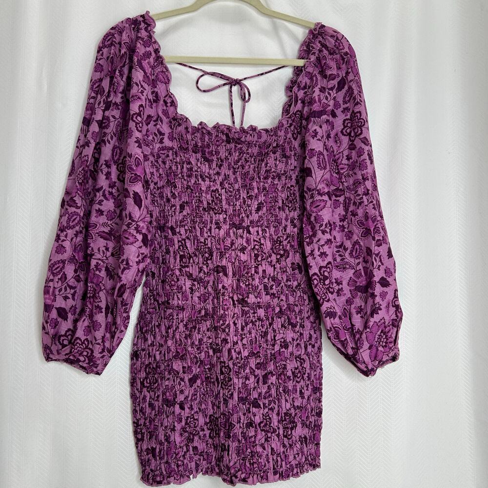 Free People Smock It To Me purple floral mini dress long puff sleeve fairy boho
